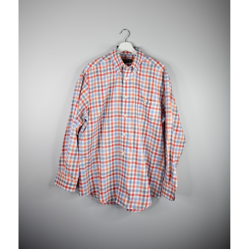 Orvis Button Down Shirt Mens Large Red Blue‎ Gingham Check Long Sleeve